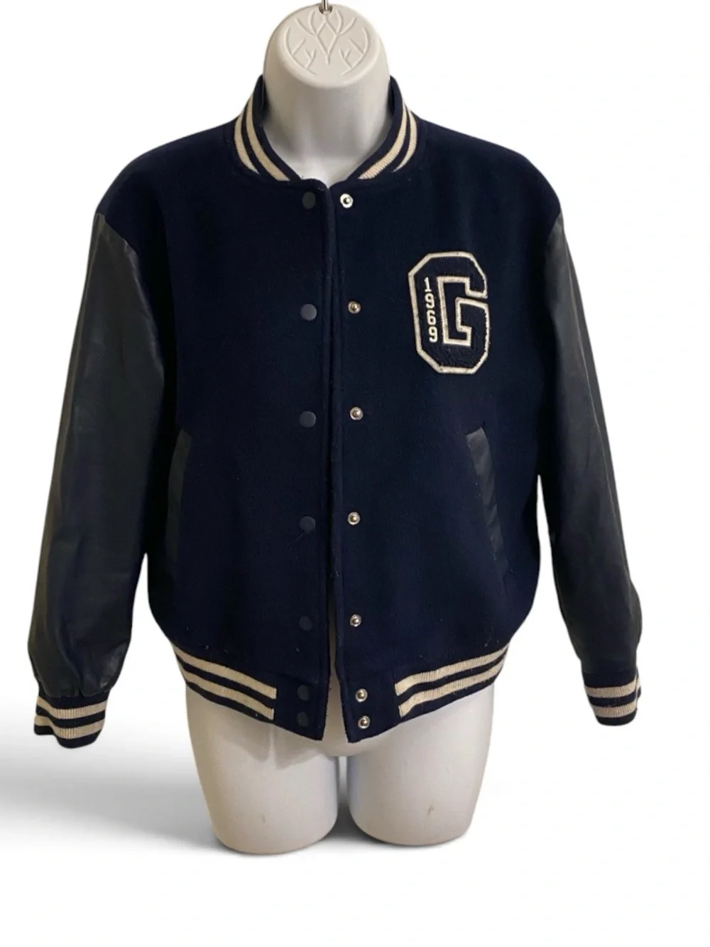 GAP KIDS SIZE LARGE NAVY BLUE WOOL LETTERMAN JACKET FAUX LEATHER SLEEVES LARGE